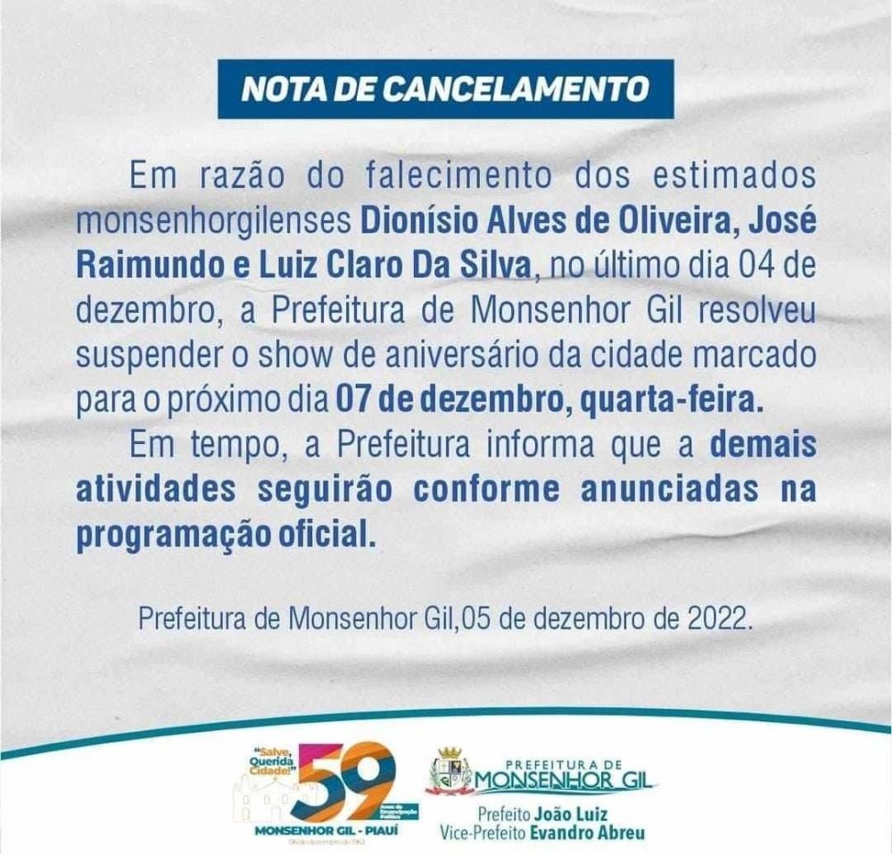 Prefeitura de Monsenhor Gil cancela show de aniversário do município 