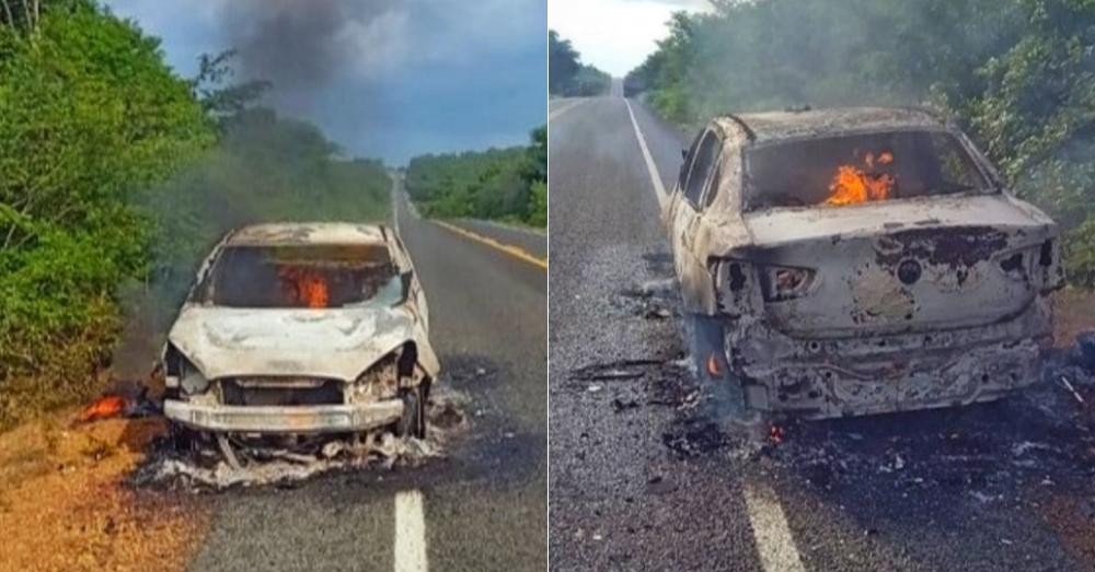 Homem tem carro incendiado por criminosos em tentativa de assalto próximo a Hugo Napoleão