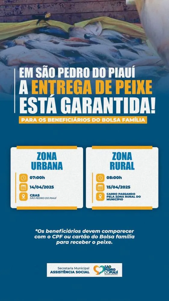 Prefeitura de São Pedro do Piauí realizará entrega de pescado para semana santa