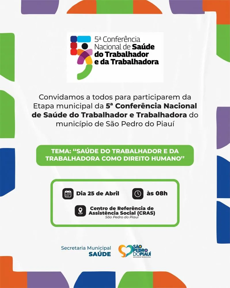 Prefeitura de São Pedro do Piauí realizará Conferência Municipal da Saúde do Trabalhador e da Trabalhadora