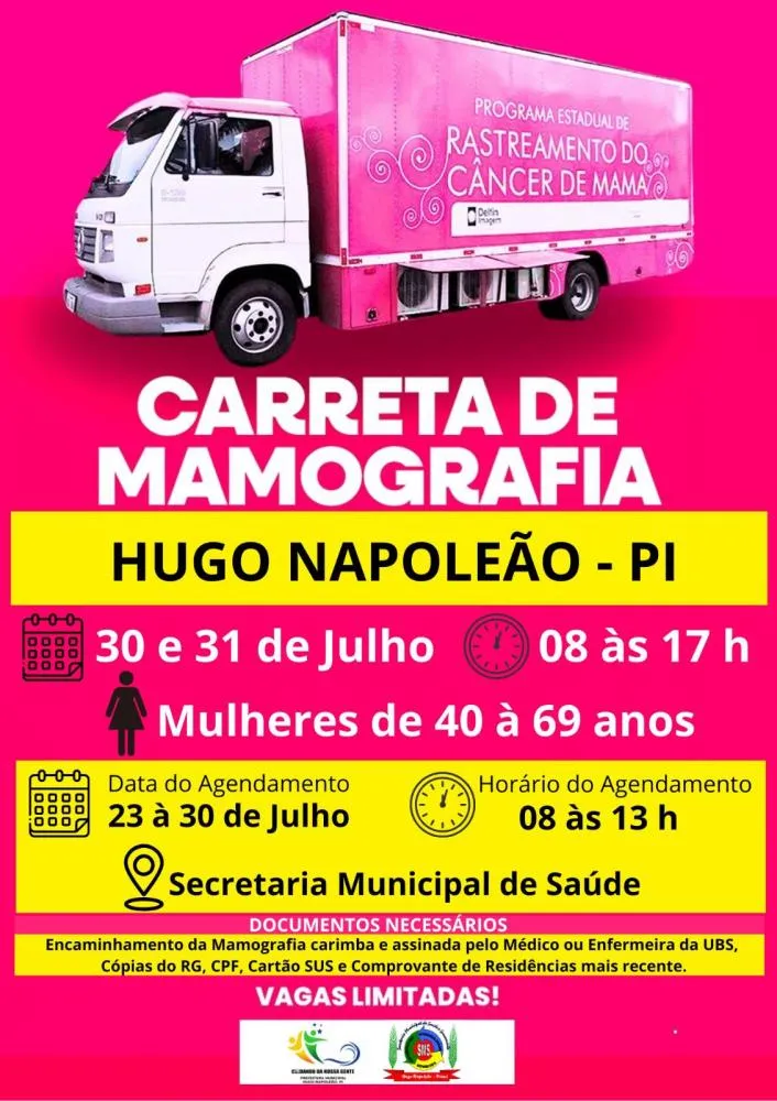 Carreta da Mamografia estará em Hugo Napoleão nos dias 30 e 31 de julho