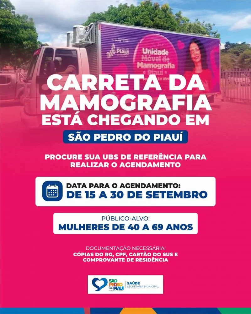 Carreta da mamografia realizará exames em São Pedro do Piauí