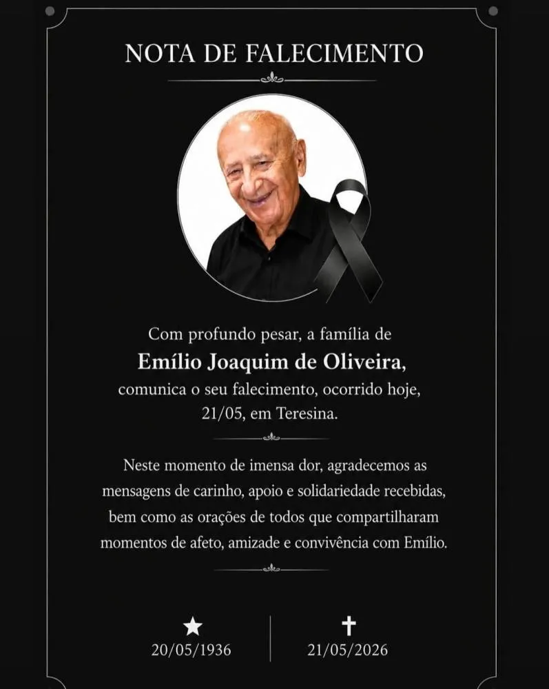 Morre Emílio Joaquim de Oliveira, pai do Vereador Dudu