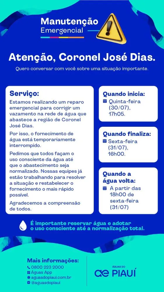 Manutenção emergencial interrompe fornecimento de água em Coronel José Dias